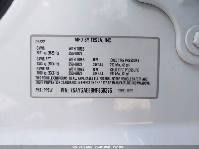 Photo 8 VIN: 7SAYGAEE9NF560376 - TESLA MODEL Y 