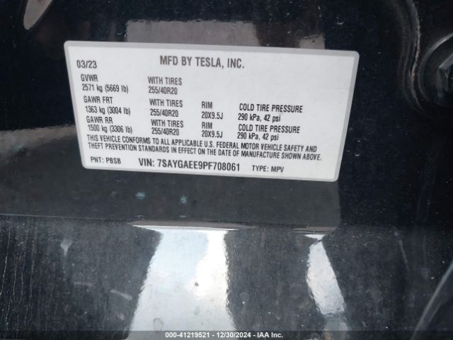 Photo 8 VIN: 7SAYGAEE9PF708061 - TESLA MODEL Y 