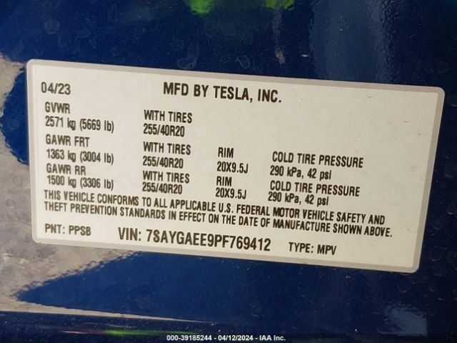 Photo 8 VIN: 7SAYGAEE9PF769412 - TESLA MODEL Y 