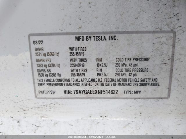 Photo 8 VIN: 7SAYGAEEXNF514622 - TESLA MODEL Y 