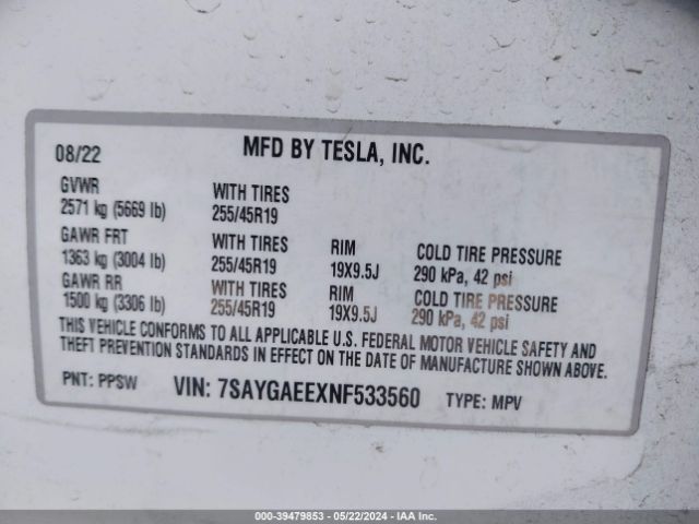 Photo 8 VIN: 7SAYGAEEXNF533560 - TESLA MODEL Y 