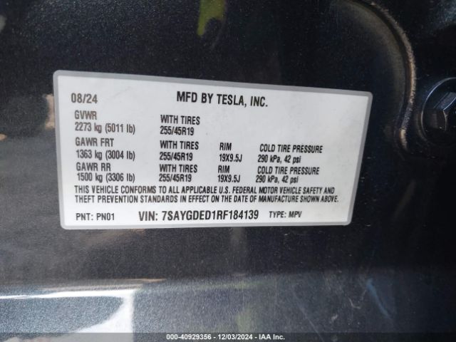 Photo 8 VIN: 7SAYGDED1RF184139 - TESLA MODEL Y 