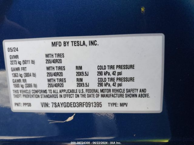 Photo 8 VIN: 7SAYGDED3RF091395 - TESLA MODEL Y 