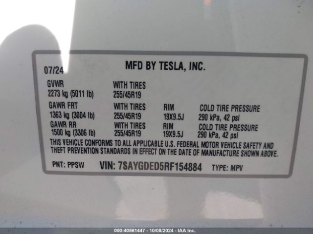 Photo 8 VIN: 7SAYGDED5RF154884 - TESLA MODEL Y 