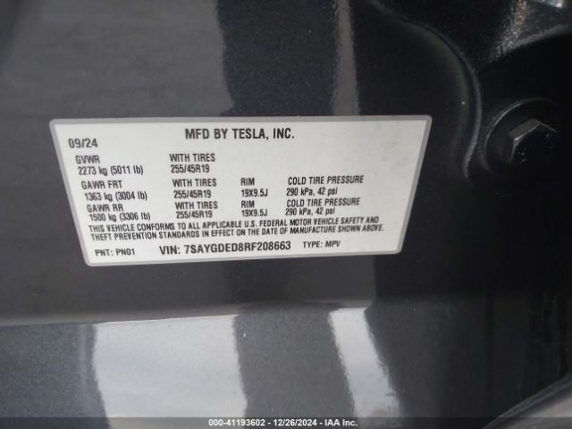 Photo 8 VIN: 7SAYGDED8RF208663 - TESLA MODEL Y 