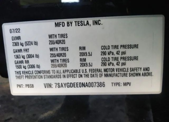 Photo 8 VIN: 7SAYGDEE0NA007386 - TESLA MODEL Y 