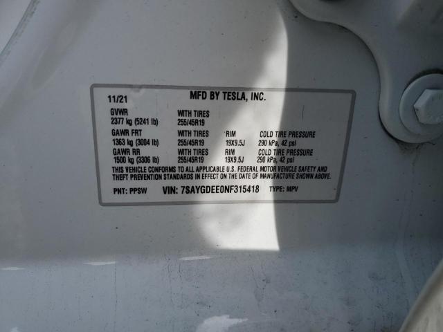 Photo 12 VIN: 7SAYGDEE0NF315418 - TESLA MODEL Y 