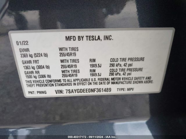 Photo 8 VIN: 7SAYGDEE0NF361489 - TESLA MODEL Y 