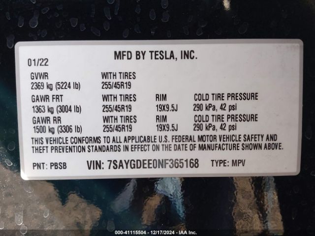 Photo 8 VIN: 7SAYGDEE0NF365168 - TESLA MODEL Y 