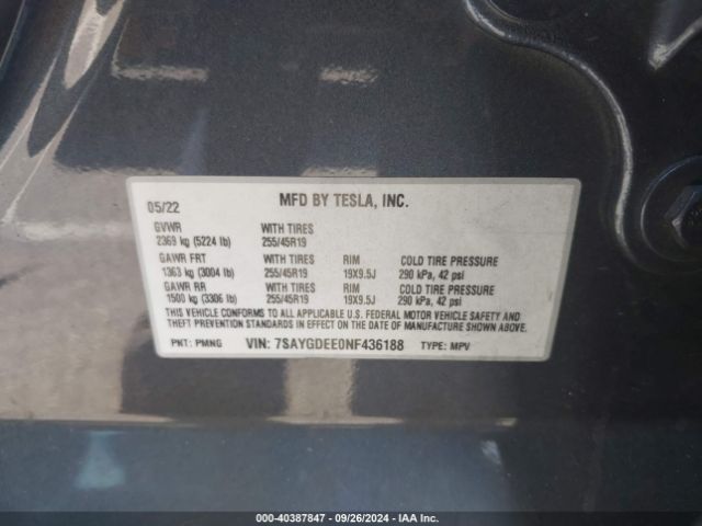 Photo 8 VIN: 7SAYGDEE0NF436188 - TESLA MODEL Y 