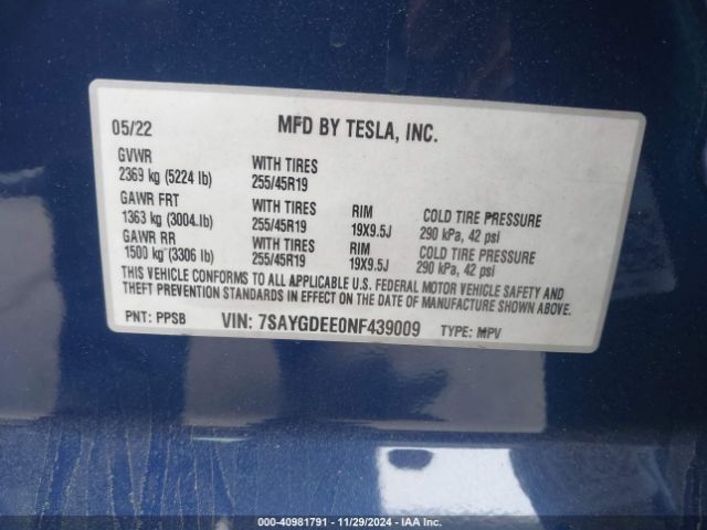 Photo 8 VIN: 7SAYGDEE0NF439009 - TESLA MODEL Y 