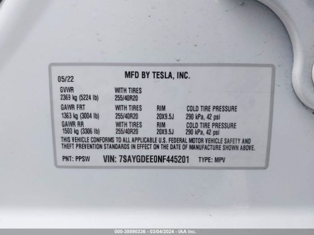 Photo 8 VIN: 7SAYGDEE0NF445201 - TESLA MODEL Y 