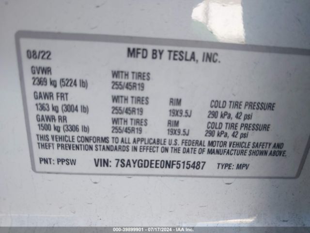 Photo 8 VIN: 7SAYGDEE0NF515487 - TESLA MODEL Y 