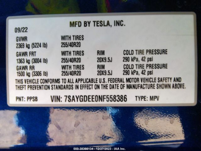 Photo 8 VIN: 7SAYGDEE0NF558386 - TESLA MODEL Y 