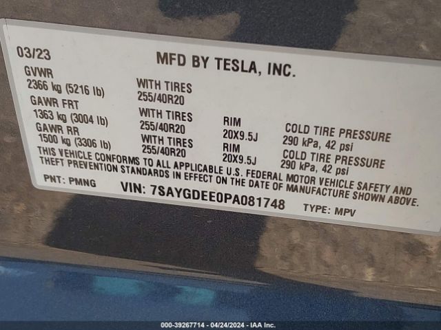 Photo 8 VIN: 7SAYGDEE0PA081748 - TESLA MODEL Y 