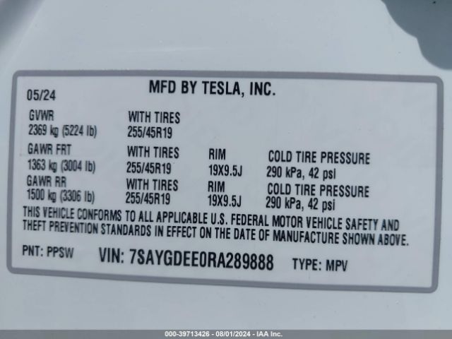 Photo 8 VIN: 7SAYGDEE0RA289888 - TESLA MODEL Y 