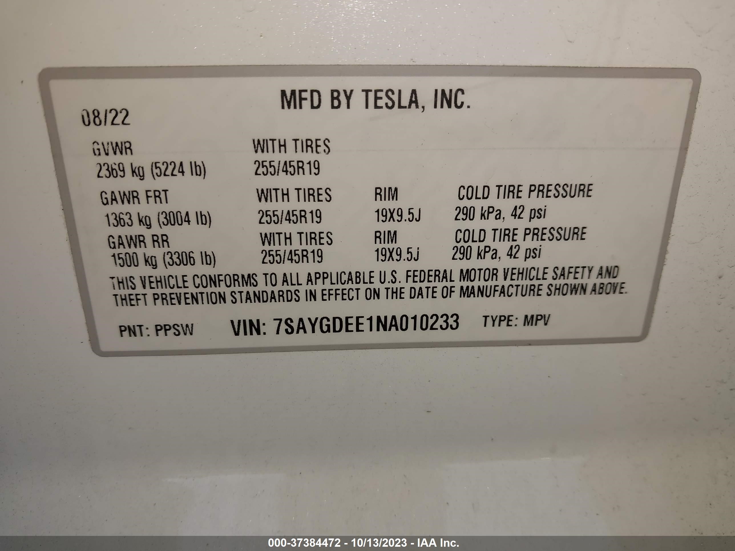 Photo 8 VIN: 7SAYGDEE1NA010233 - TESLA MODEL Y 