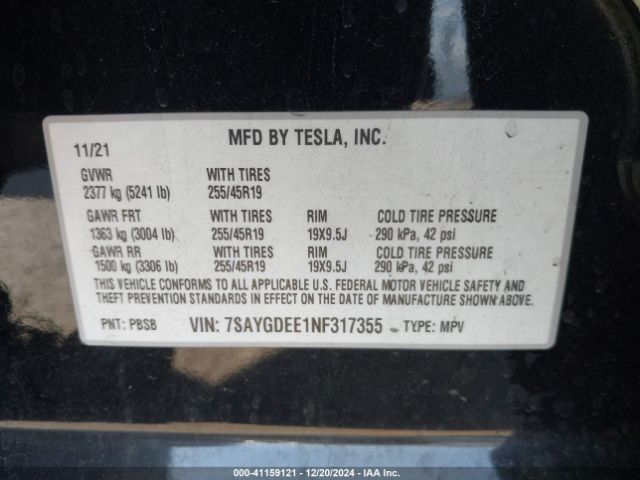 Photo 8 VIN: 7SAYGDEE1NF317355 - TESLA MODEL Y 