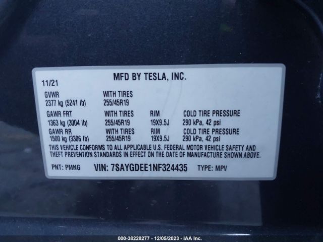 Photo 8 VIN: 7SAYGDEE1NF324435 - TESLA MODEL Y 