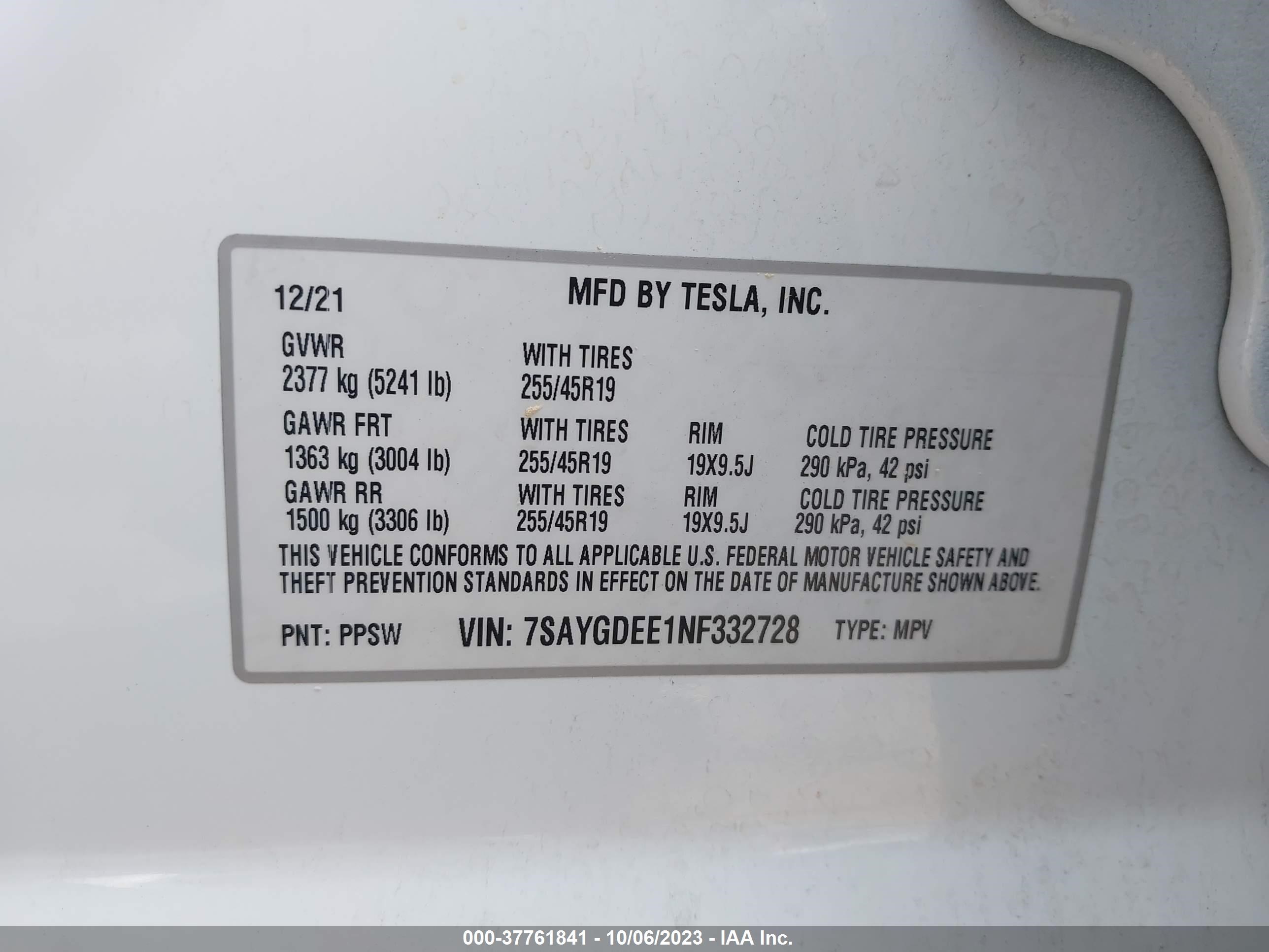 Photo 8 VIN: 7SAYGDEE1NF332728 - TESLA MODEL Y 