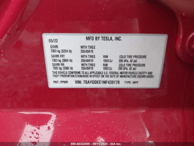 Photo 8 VIN: 7SAYGDEE1NF439178 - TESLA MODEL Y 