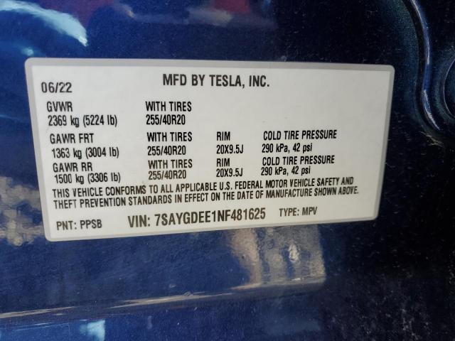 Photo 12 VIN: 7SAYGDEE1NF481625 - TESLA MODEL Y 