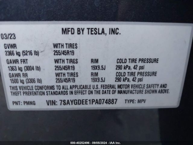 Photo 8 VIN: 7SAYGDEE1PA074887 - TESLA MODEL Y 