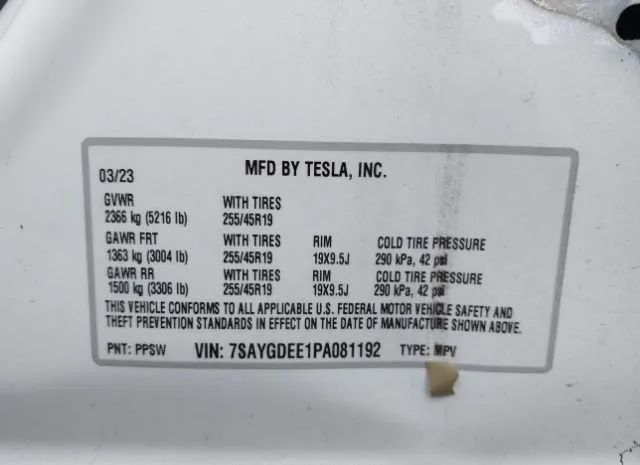 Photo 8 VIN: 7SAYGDEE1PA081192 - TESLA MODEL Y 