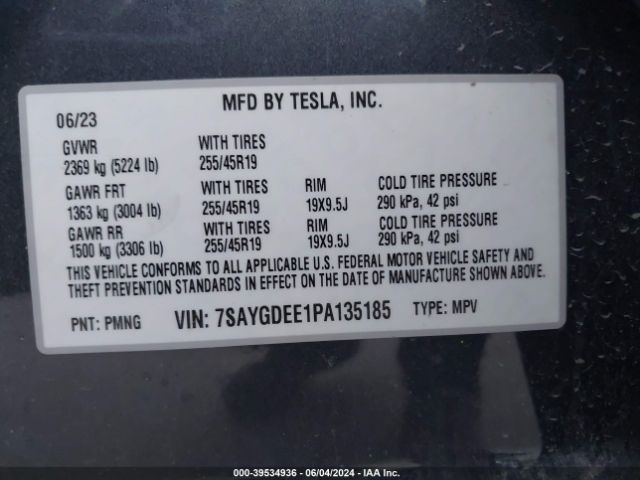 Photo 8 VIN: 7SAYGDEE1PA135185 - TESLA MODEL Y 