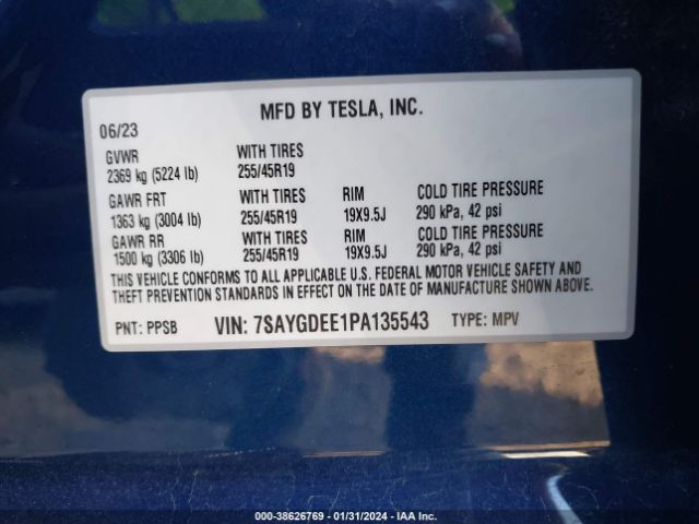 Photo 8 VIN: 7SAYGDEE1PA135543 - TESLA MODEL Y 