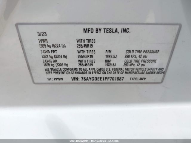 Photo 8 VIN: 7SAYGDEE1PF701087 - TESLA MODEL Y 