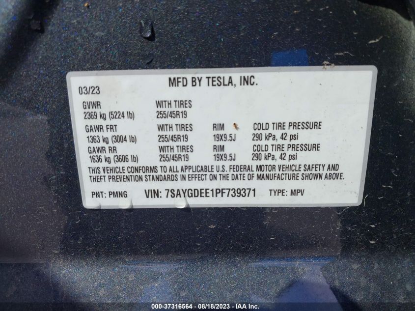 Photo 8 VIN: 7SAYGDEE1PF739371 - TESLA MODEL Y 