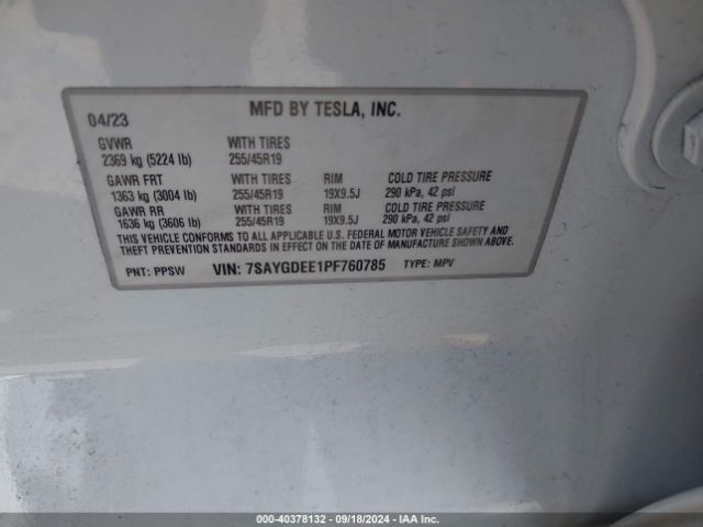 Photo 8 VIN: 7SAYGDEE1PF760785 - TESLA MODEL Y 