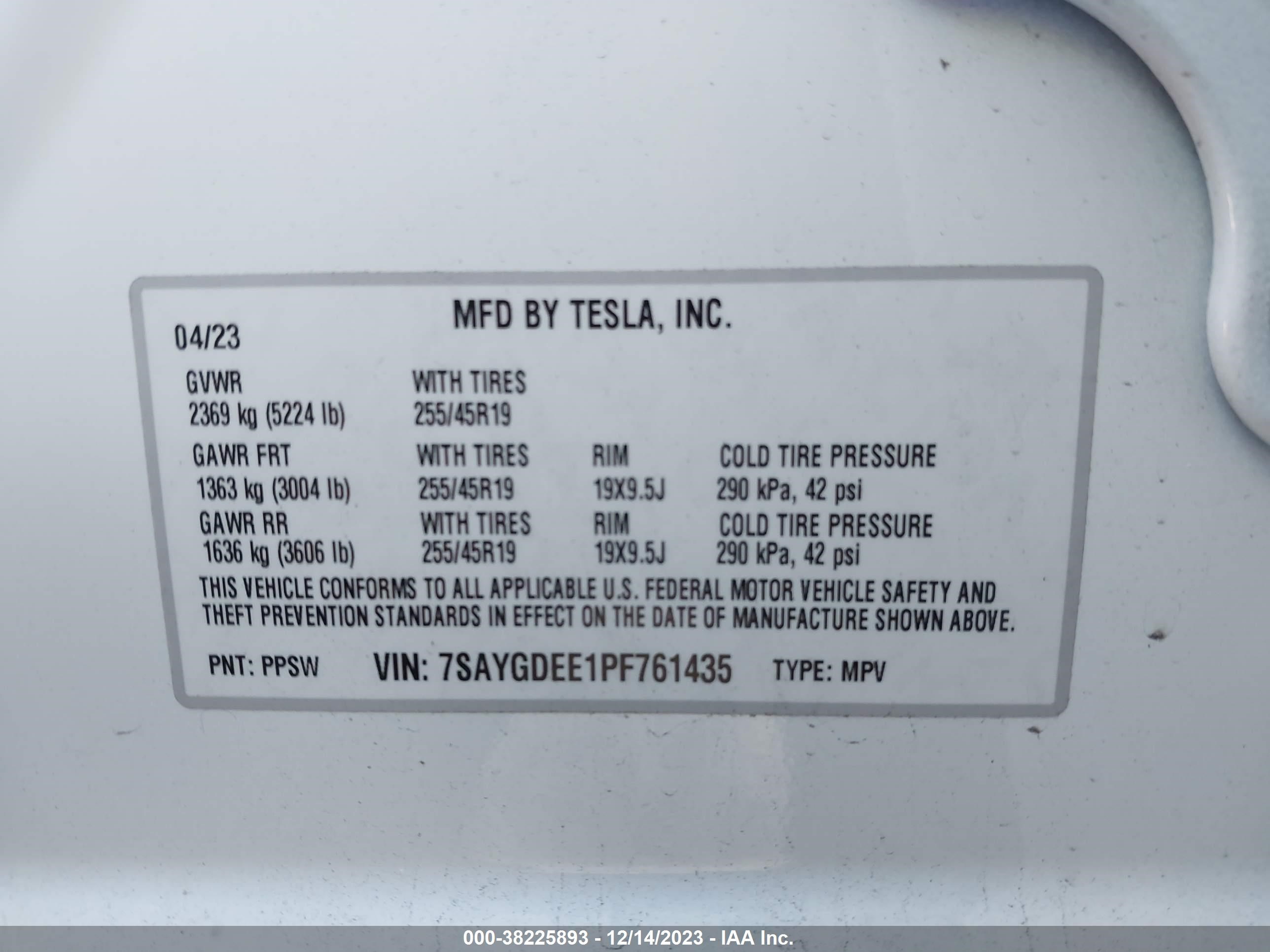 Photo 7 VIN: 7SAYGDEE1PF761435 - TESLA MODEL Y 