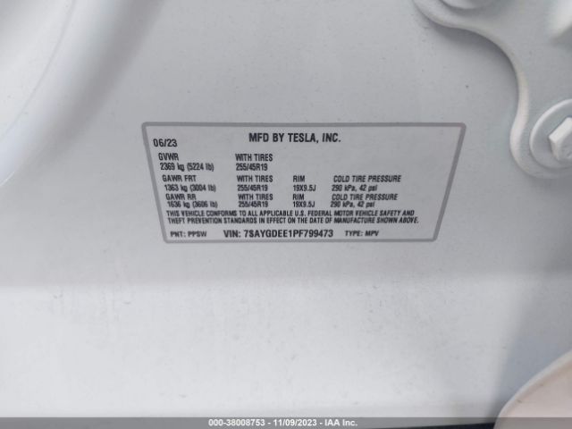 Photo 8 VIN: 7SAYGDEE1PF799473 - TESLA MODEL Y 