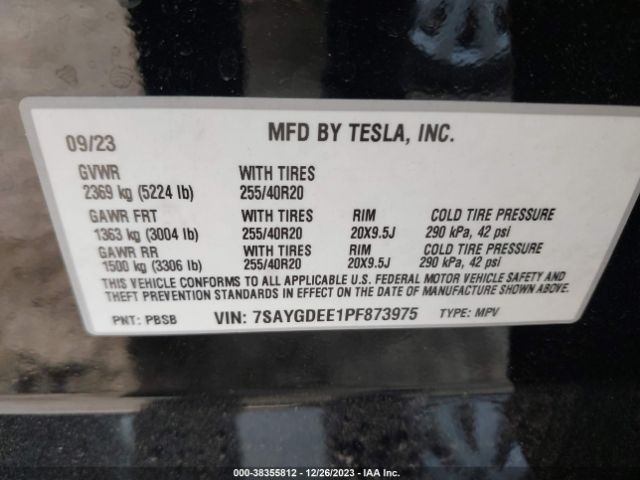 Photo 8 VIN: 7SAYGDEE1PF873975 - TESLA MODEL Y 