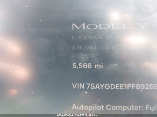 Photo 6 VIN: 7SAYGDEE1PF892686 - TESLA MODEL Y 