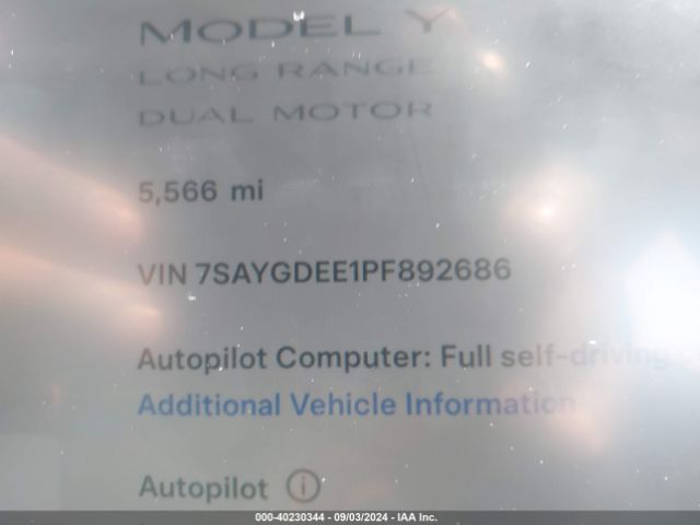 Photo 8 VIN: 7SAYGDEE1PF892686 - TESLA MODEL Y 