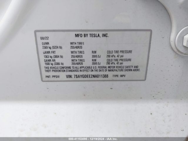 Photo 8 VIN: 7SAYGDEE2NA011388 - TESLA MODEL Y 