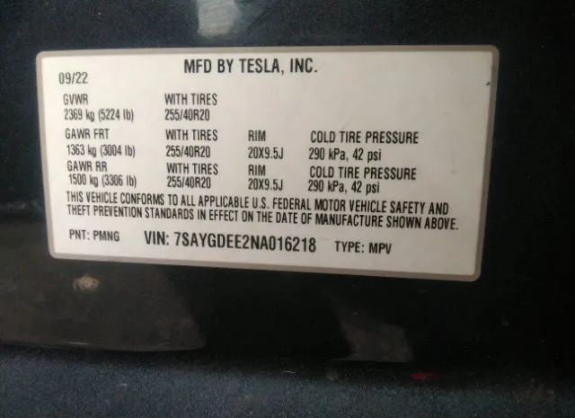 Photo 8 VIN: 7SAYGDEE2NA016218 - TESLA MODEL Y 