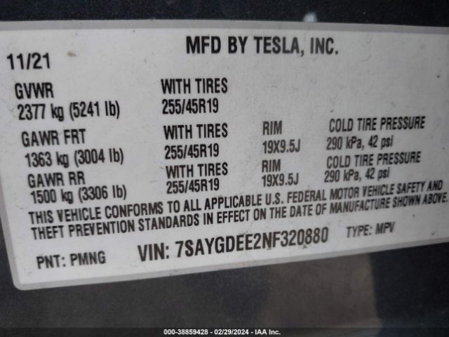 Photo 8 VIN: 7SAYGDEE2NF320880 - TESLA MODEL Y 