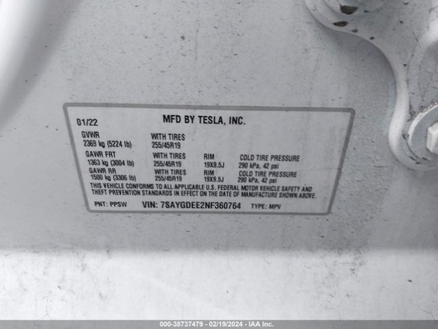 Photo 8 VIN: 7SAYGDEE2NF360764 - TESLA MODEL Y 