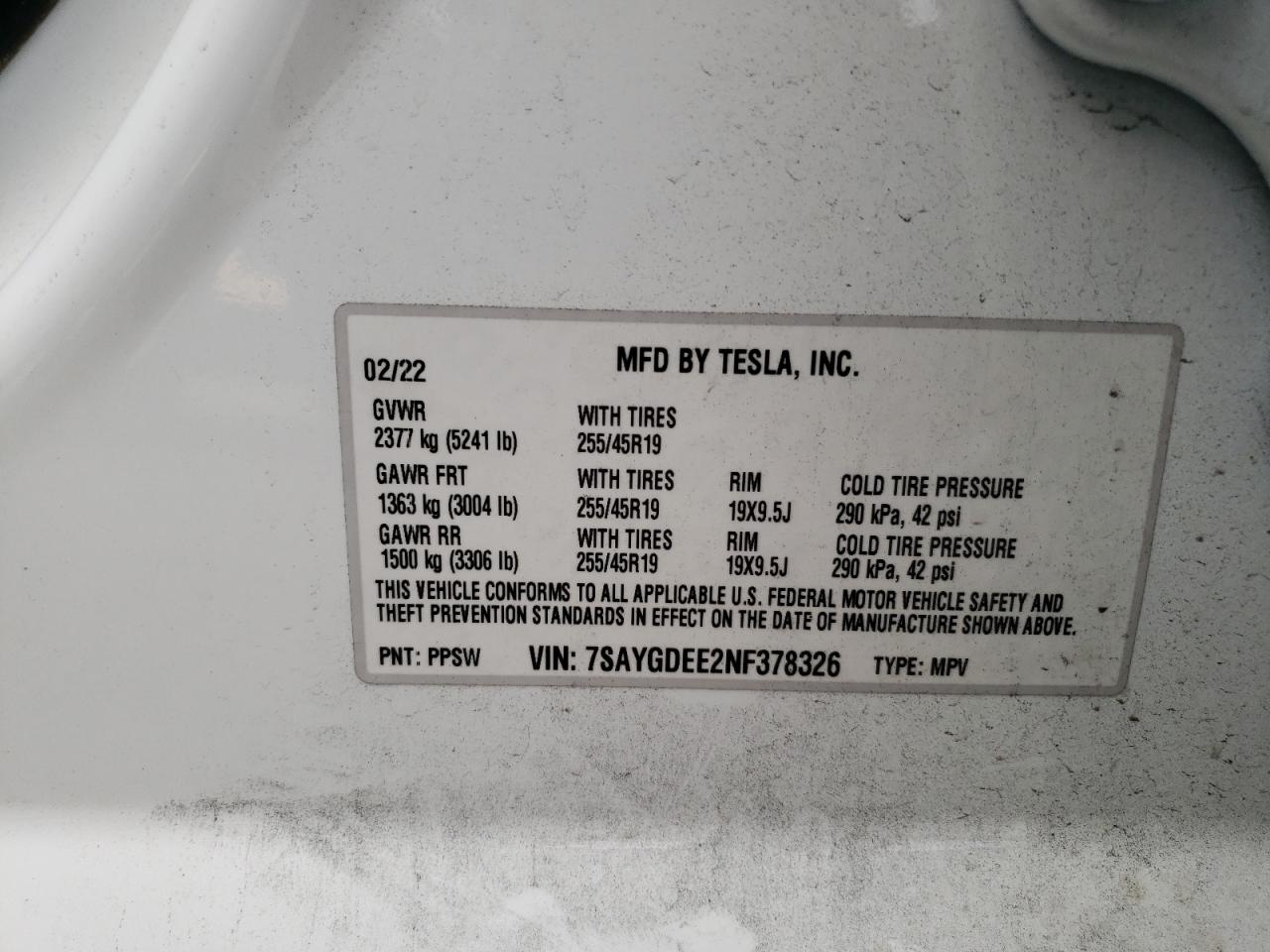 Photo 12 VIN: 7SAYGDEE2NF378326 - TESLA MODEL Y 