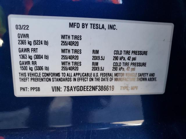 Photo 12 VIN: 7SAYGDEE2NF386619 - TESLA MODEL Y 