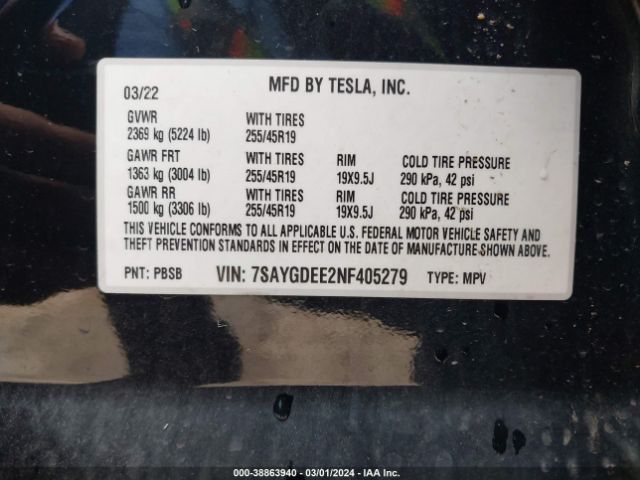 Photo 8 VIN: 7SAYGDEE2NF405279 - TESLA MODEL Y 