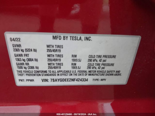 Photo 8 VIN: 7SAYGDEE2NF424334 - TESLA MODEL Y 