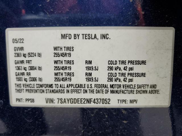 Photo 9 VIN: 7SAYGDEE2NF437052 - TESLA MODEL Y 