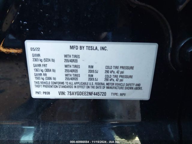 Photo 8 VIN: 7SAYGDEE2NF445720 - TESLA MODEL Y 