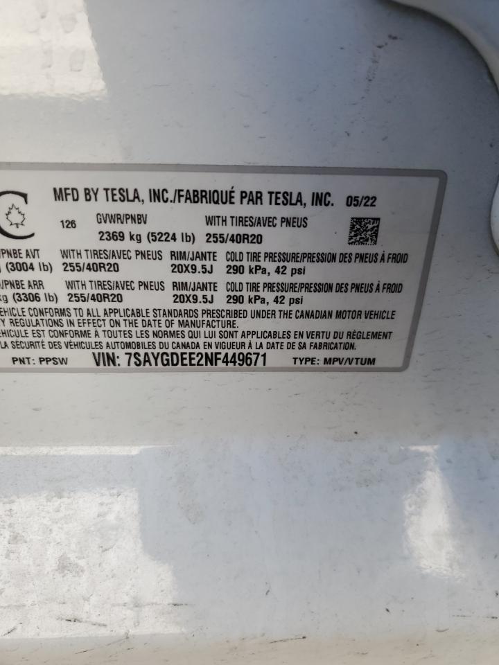 Photo 12 VIN: 7SAYGDEE2NF449671 - TESLA MODEL Y 