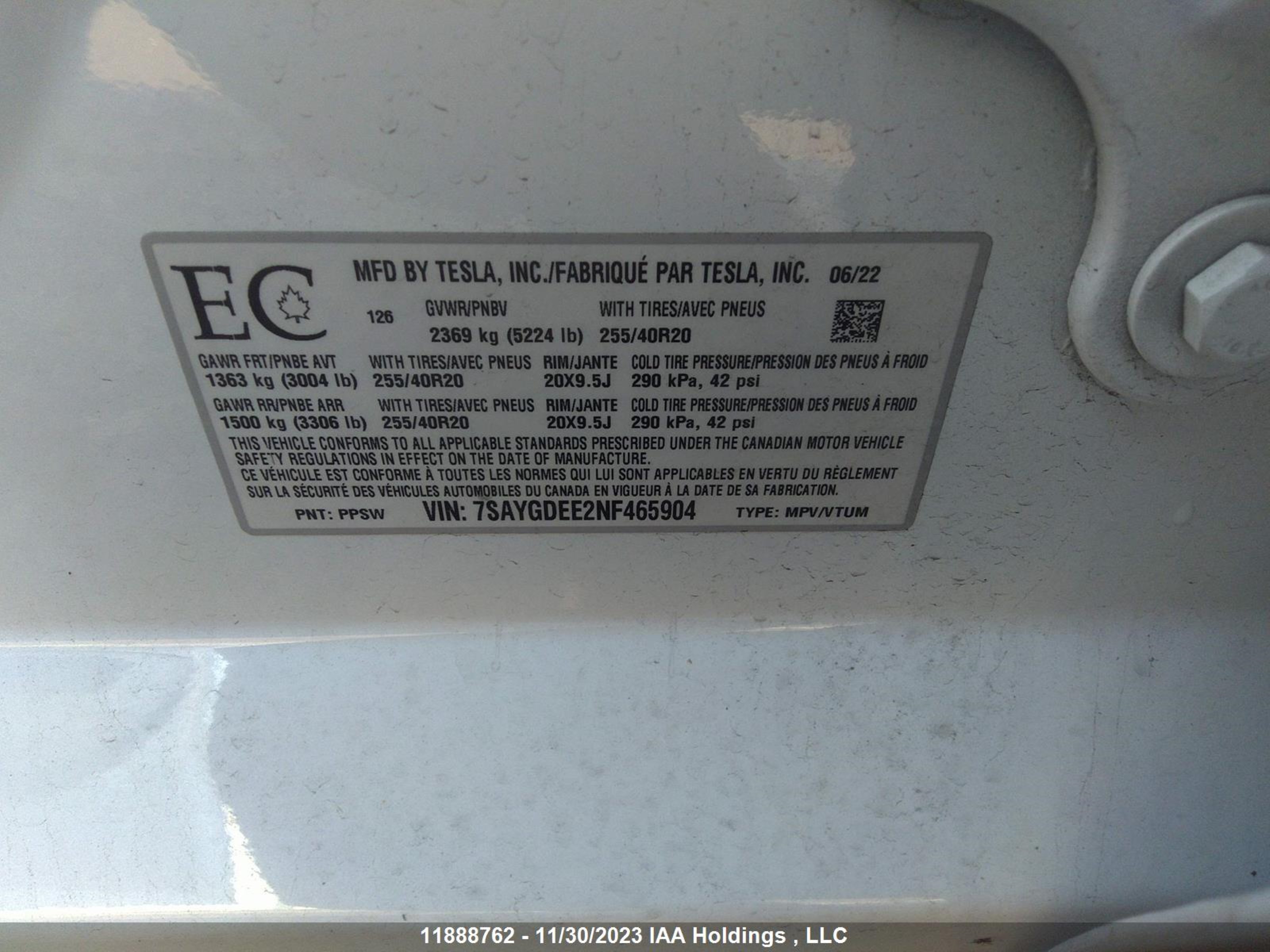 Photo 8 VIN: 7SAYGDEE2NF465904 - TESLA MODEL Y 